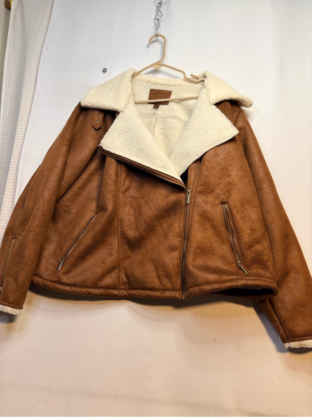 Jou Jou Brown Faux Shearling Aviator Jacket with Cream Lining size 3x